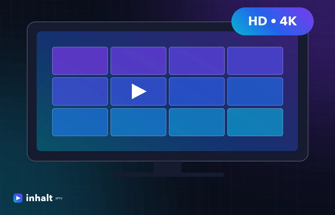 Smart TV exibindo a grade de canais do IPTV inhalt em HD e 4K